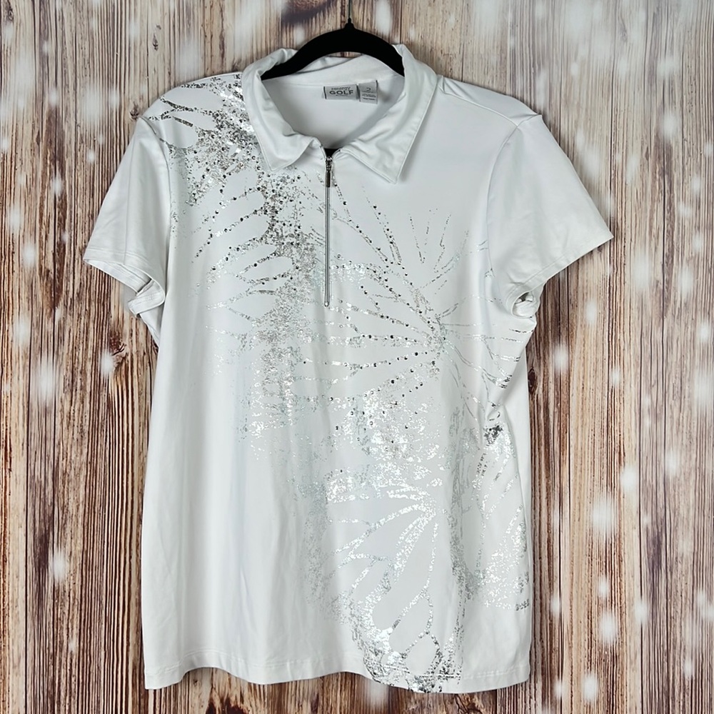Chico’s Zenergy GOLF Shirt Short Sleeved Silver Bling Pattern 2 8 10